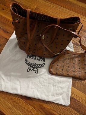 MCM Cognac Visetos Logo Tote with Matching Wristlet (Like New)